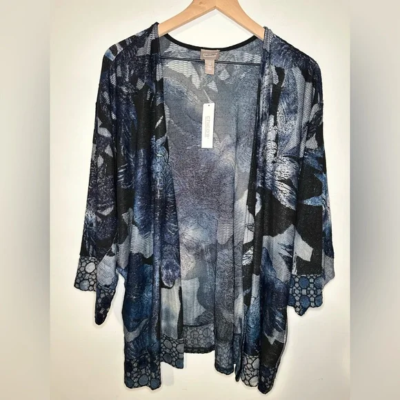 Chico's Knit Jacquard Duster Open Front Cardigan XXL Blue Burnout Knit Elbow SLV - Picture 1 of 11